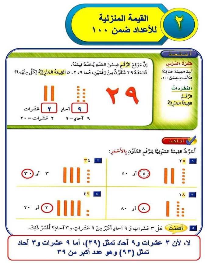 القيمة المنزلية للأعداد ضمن 100